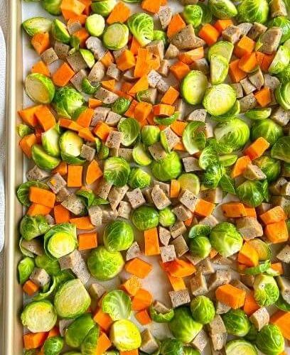 Sheet pan kielbasa, sweet potatoes and brusselsprouts 2 packages kiel